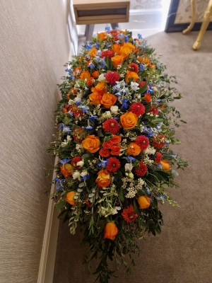 Orange, Blue & White Coffin Spray