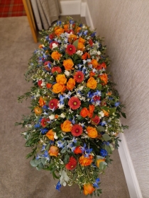 Orange, Blue & White Coffin Spray